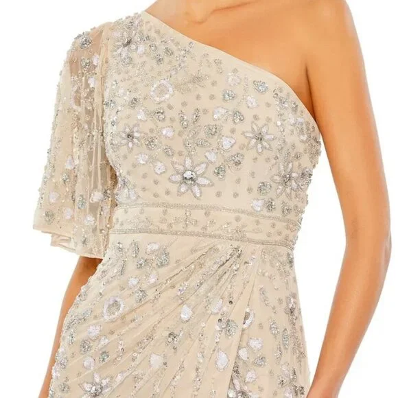 Mac Duggal Nude Sequin Beaded One-Shoulder Side Slit Gown